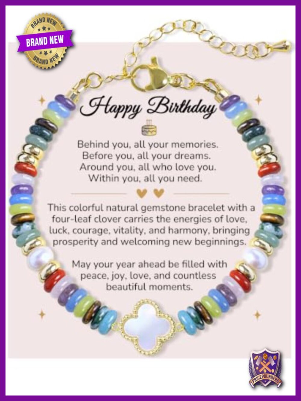 Brass Plated Gold Stretch Bracelet with Clover Charm Healing Crystal
